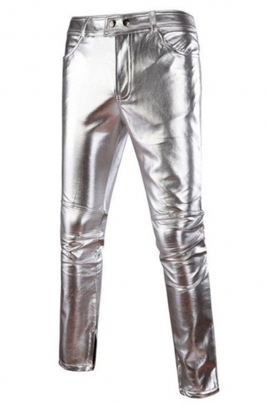 Mens Trendy Nightclub Cool Plain Metallic Color Zipper Fly Slim-Fit Biker Pants Leather Pants