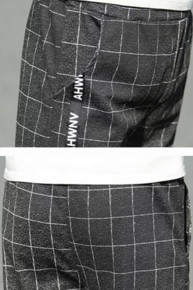 Mens Unique Cool Plaid Letter Striped Print Drawstring Waist Elastic Cuff Casual Gray Tapered Pants