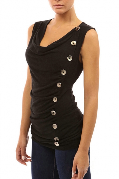 New Stylish Plain Irregular Buttons Side Ruched Sleeveless Women's Cowl Neck Slim Tank Top