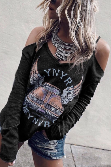 New Trendy Car Wings Letter Print Cold Shoulder Long Sleeve Women's T-Shirt