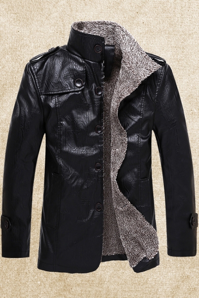 New Trendy Stand Collar Epaulets Detail Single Breasted Fur-Lined Long Sleeve Plain Leather Jacket for Men