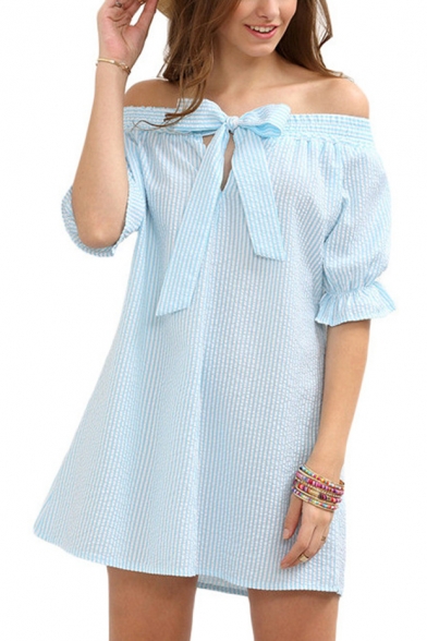 New Trendy Striped Print Off The Shoulder Half Sleeve Bow Tie Front Mini A-Line Dress