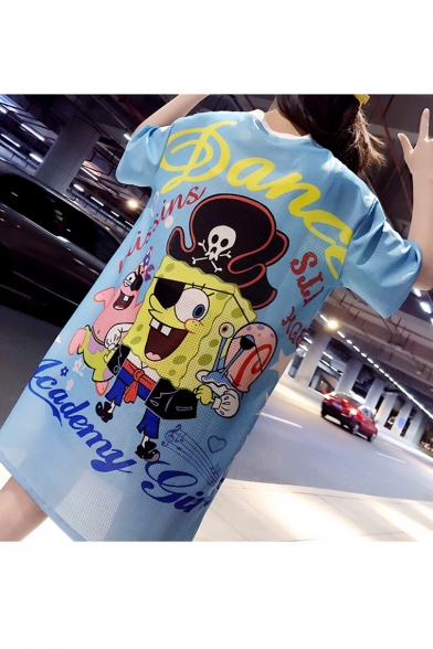 Quick Drying Cartoon Letter Printed Half Sleeve Blue Longline Loose Fit T-Shirt
