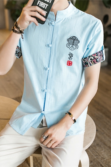 Retro Chinese Style Stand-Collar Short Sleeve Frog Button Front Embroidery Linen Shirt for Men