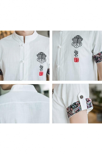 Retro Chinese Style Stand-Collar Short Sleeve Frog Button Front Embroidery Linen Shirt for Men