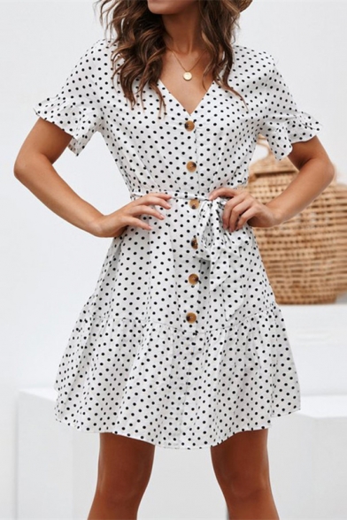 Sexy Fashion Polka-Dot Printed V-Neck Short Sleeve Button Front Tied Waist Mini A-Line Chiffon Dress