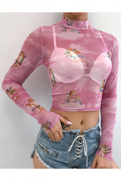 Sexy Transparent Mesh Mock Neck Long Sleeve Cute Angel Baby Printed Cropped T-Shirt