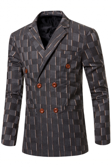 Stylish Check Printed Lapel Double Breasted Long Sleeve Split Back Wedding Suit Blazer for Groom