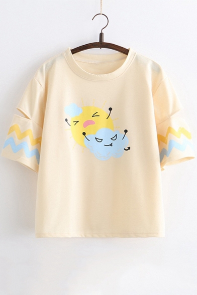 Summer Cartoon Sun Cloud Printed Short Sleeve Loose Casual T-Shirt