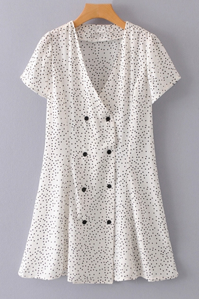 Summer Fashion Polka-Dot Printed V-Neck Short Sleeve Double-Breasted Mini A-Line Dress