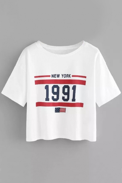 Summer Flag Letter NEW YORK 1991 Printed Round Neck Short Sleeve Cropped Tee for Women