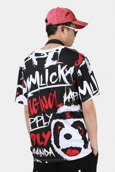 Summer Hip Hop Fashion Street Letter Graffiti Panda Pattern Unisex Loose Casual T-Shirt