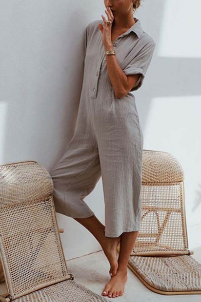 Summer New Trendy Solid Color Button-Front Wide-Leg Linen Casual Jumpsuits