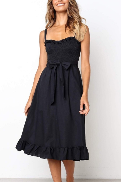 Summer Trendy Plain Sleeveless Bow-Tied Waist Midi A-Line Dress