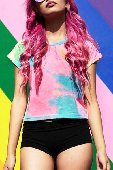 Unique Colorful Tie Dye Printed Round Neck Short Sleeve Cropped T-Shirt