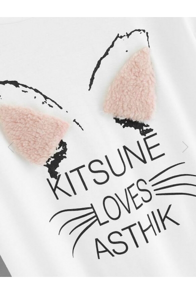 White Stereo Ear Cat Letter KITSUNE LOVES ASTHIK Printed Women's Short Sleeve T-shirt