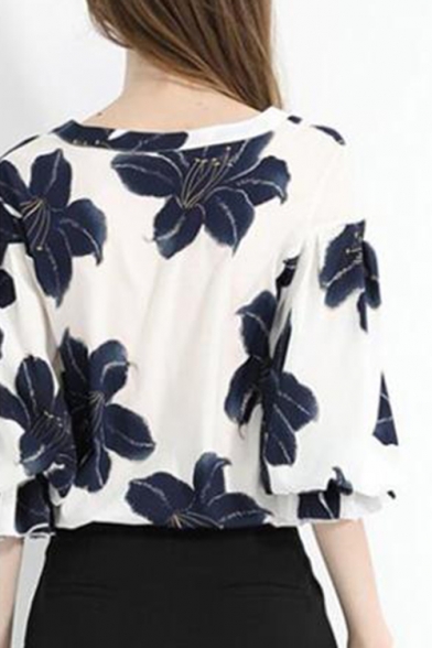 Women's Bishop 3/4 Sleeve Floral Printed Button Front Loose Fit White Chiffon Shirt