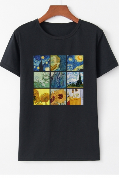 Women's Trendy Van Gogh Oil Painting Printed Short Sleeve Round Neck Casual T-Shirt