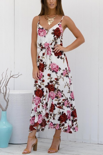 Womens Fashion Straps Floral Printed Tied Waist White Maxi A-Line Cami Dress