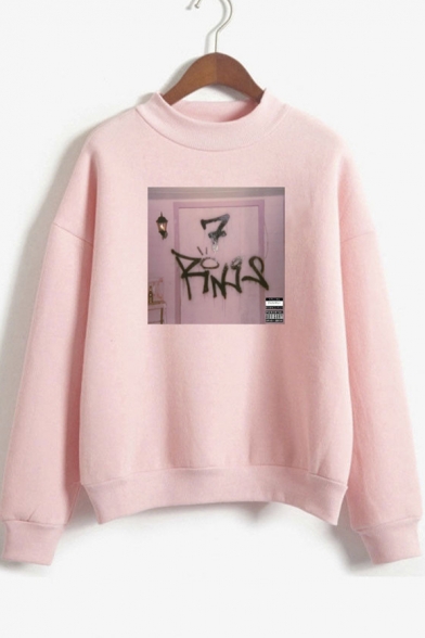 

7 Rings Theme Printed Mock Neck Long Sleeve Pullover Sweatshirt, Pink;white;gray;light blue, LM510139