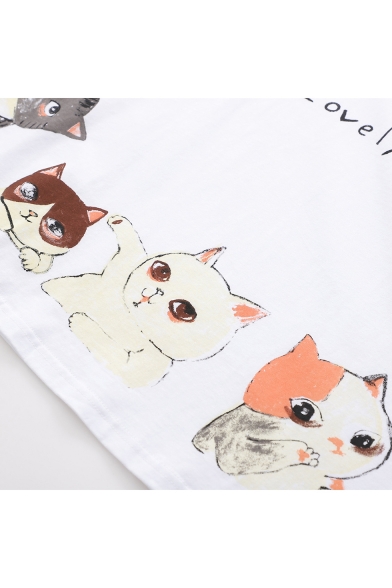 Cat Letter LOVELY CAT Printed Doll Collar Half Sleeve Loose Fit T-Shirt