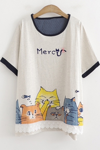 Cat Letter Printed Bow Lace Patched Round Neck Short Sleeve Longline Relaxed Cotton T-Shirt