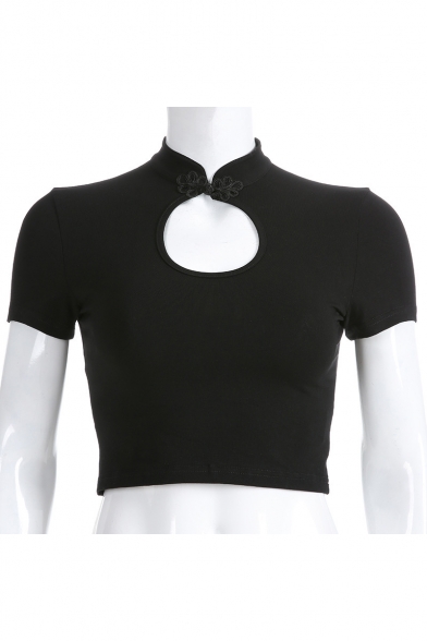 Chinese Style Frog Button Stand-Collar Hollow Out Short Sleeve Black Sexy Crop T-Shirt