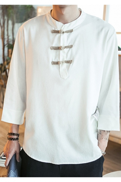 Chinese Style Frog Button Three-Quarter Sleeve Mens Plain Casual Linen T-Shirt with Pocket
