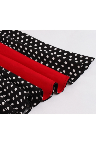 Color Block Halterneck Polka-Dot Print Bow-Tied Waist Midi A-Line Flared Black Dress