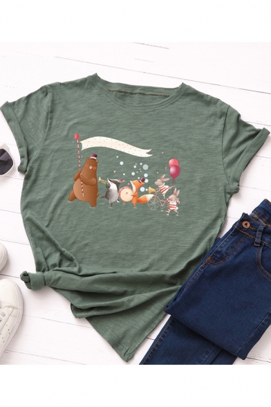 Cool Cartoon Animals Printed Round Neck Short Sleeve Casual Cotton T-Shirt