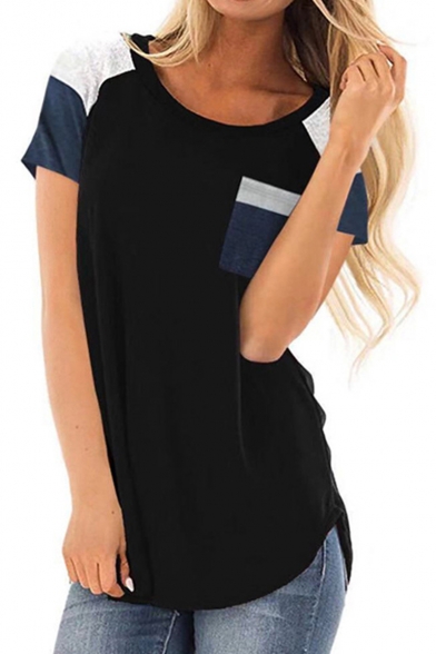 Fashion Colorblocked Stripes Pocket Patched Round Neck Short Sleeve Leisure Cotton Tee