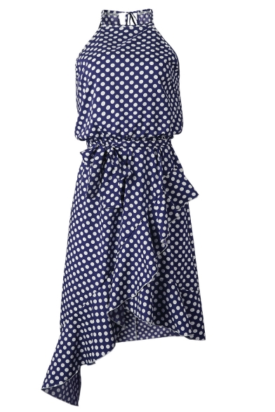 Fashion Polka Dot Printed Spaghetti Straps Sleeveless Tied Waist Midi Asymmetrical Dress