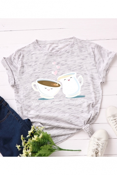 Fashionable Coffee Heart Letter Printed Cotton Short Sleeve Round Neck Casual T-Shirt