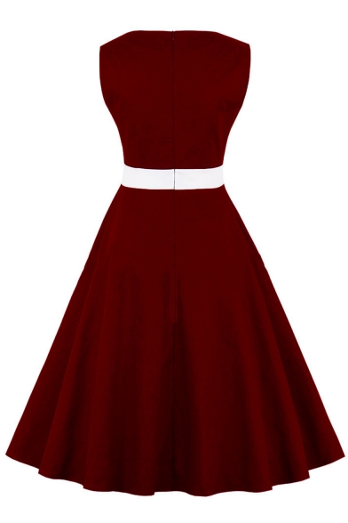 Fashionable Color Block Square Neck Sleeveless Midi A-Line Flared Dress