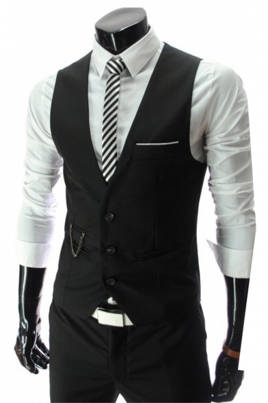 Fashionable Solid Chain Embellished Buckle Back Button Down Slim Fit Mens Suit Vest