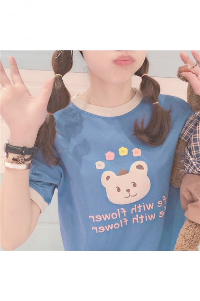 Funny Bear Letter LIFE WITH FLOWER Printed Round Neck Half Sleeve Casual Tee