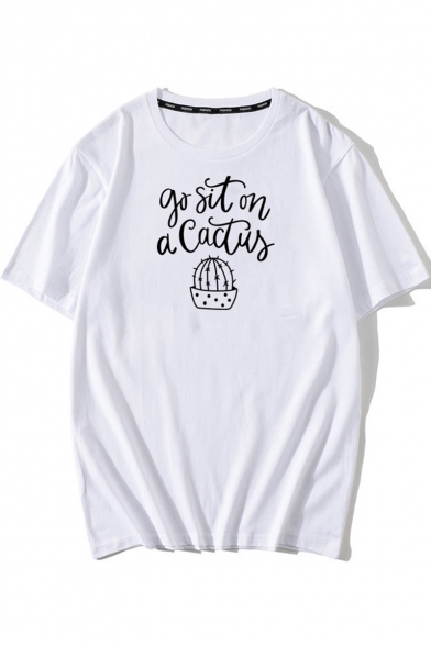 Funny Cactus Letter GOSITON A CACTUS Printed Round Neck Short Sleeve Loose Fit T-Shirt