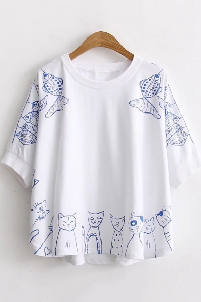 Girls Lovely Cat Fish Pattern Round Neck Half Sleeve Loose Fit Cotton T-Shirt