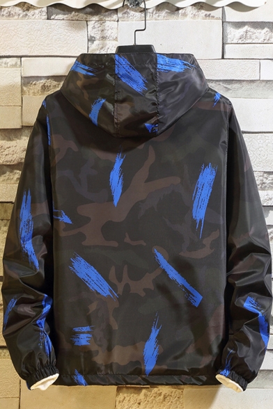 Guys Fashion Camo Ink Graffiti Print Windproof Mesh Panel Inside Zip Up Hooded Sport Track Jacket