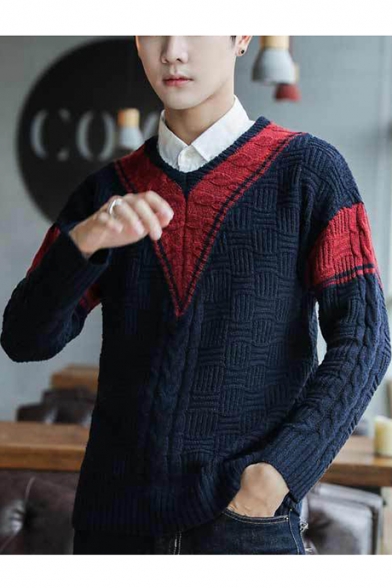 Guys Stylish Colorblock Round Neck Loose Casual Cable Knit Sweater
