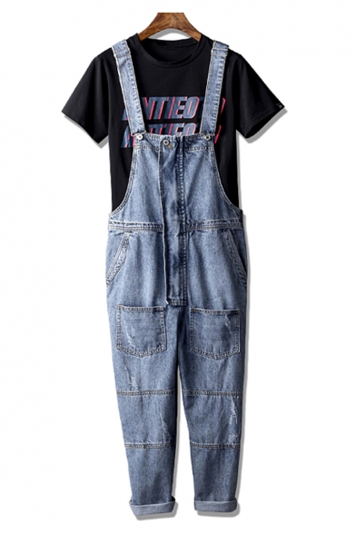 Hip Hop Street Fashion Vintage Blue Straight Fit Unisex Casual Denim Jeans Suspender Overalls