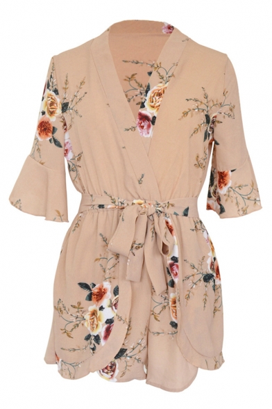Holiday Fashion Floral Printed V-Neck Half Sleeve Tie Waist Rompers
