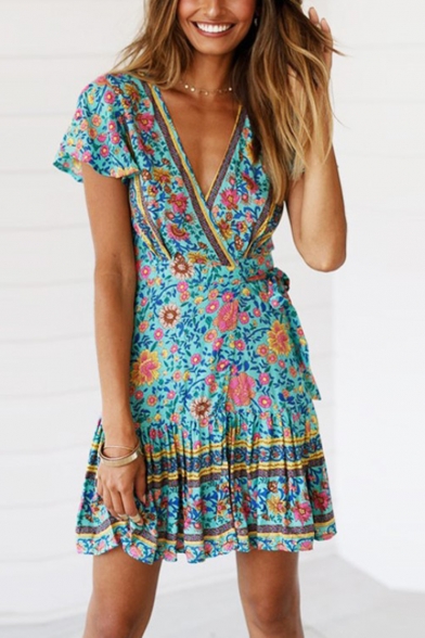 Holiday Summer Ethnic Floral Printed V-Neck Short Sleeve Tied Waist Mini A-Line Dress for Women