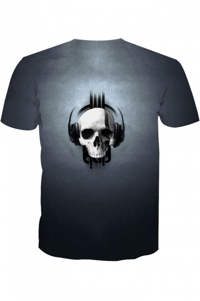 Cool Skull with Earphone Printed Short Sleeve Round Neck Grey T-Shirt