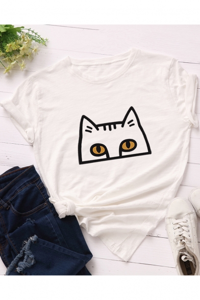 Lovely Cat Pattern Short Sleeve Round Neck Cotton T-Shirt for Women