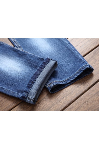 Men's Fashion Applique Badge Flag Letter Patched Knee Destroyed Blue Ripped Jeans