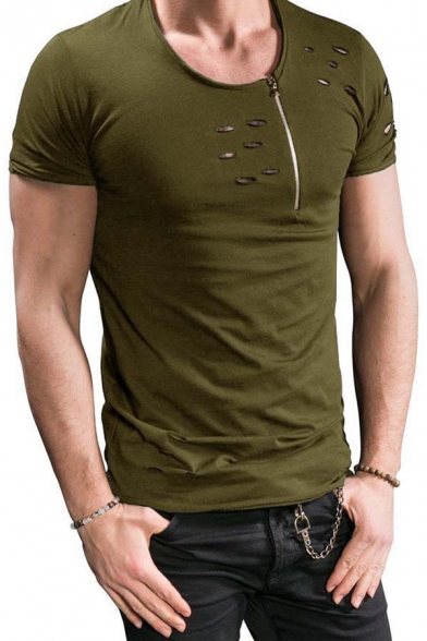Men's New Trendy Hollow Out Zip-Embellished Round Neck Short Sleeve Plain T-Shirt