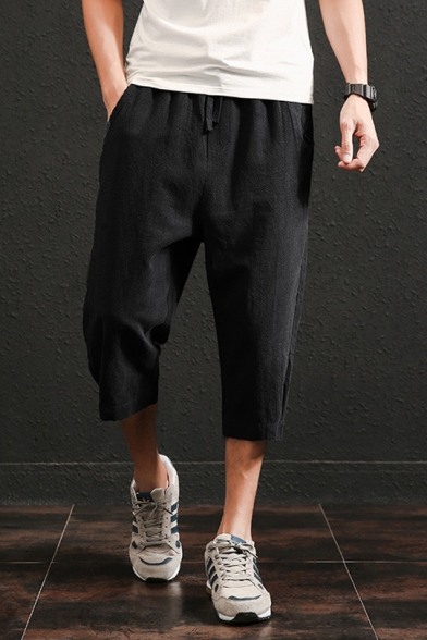 Men's Retro Chinese Style Beach Simple Plain Cropped Loose Cotton and Linen Pants