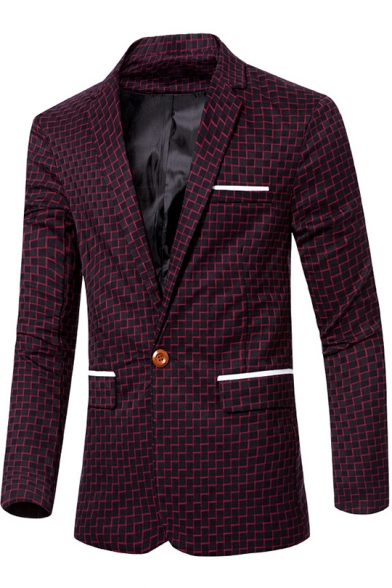 Men's Stylish Casual Plaid Pattern Single Button Long Sleeve Red Wedding Suits Formal Blazer Jacket