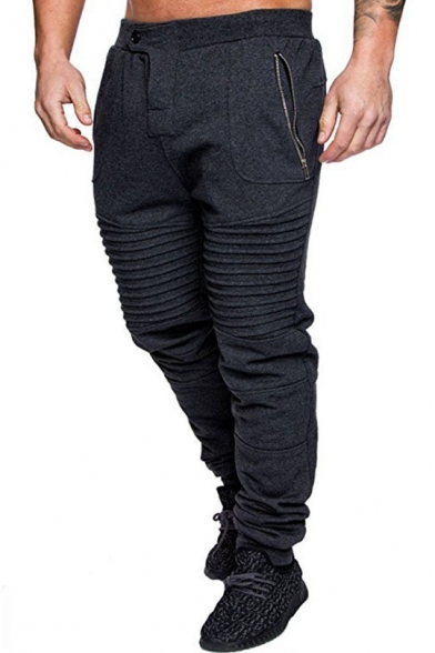Men's Trendy Pleated Detail Zip Pockets Button-Fly Plain Casual Sport Pants Sweatpants
